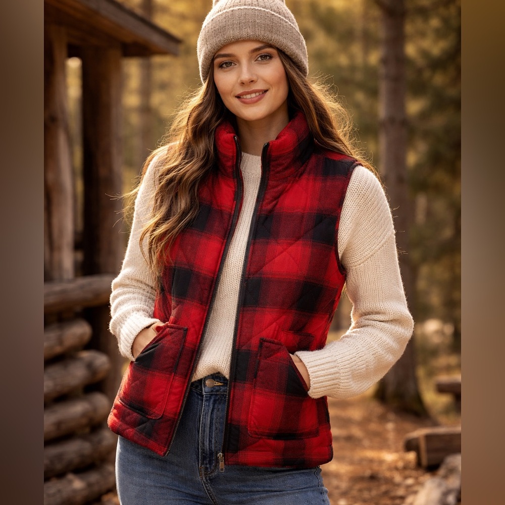 STACCATO Quilted Buffalo Plaid Cotton Zip Up Ranch CabinCore Vest Size M